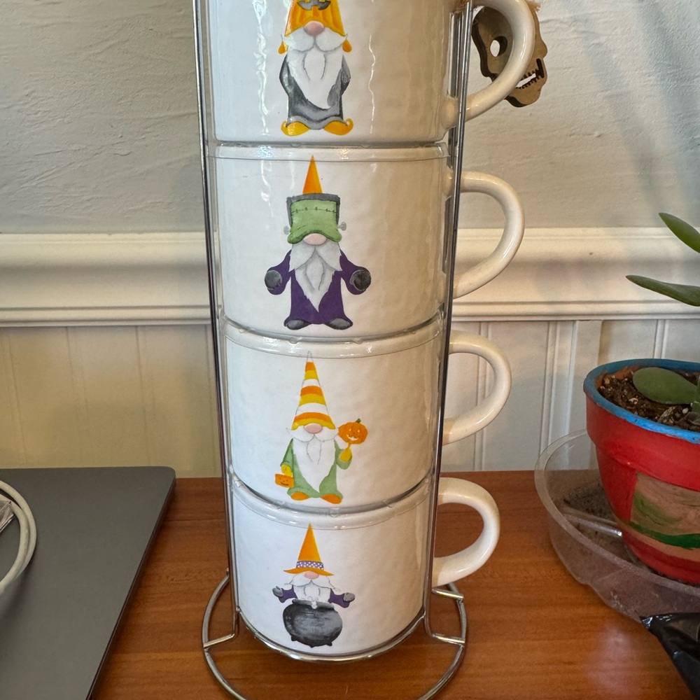 Gnome-Themed Stacking Mug Set with Stand NWT
